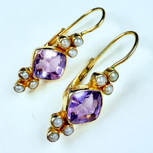 24K Gold Vermeil Royal Pavilion Amethyst & Pearl Sterling Silver 925 Earrings